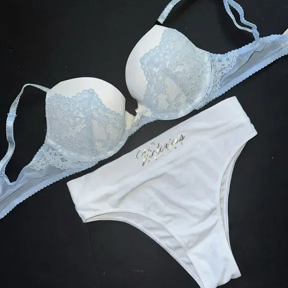 Victoria's Secret 32C BRA SET S BRAZILIAN panty WHITE BLUE BRIDAL DREAM ANGELS Bras